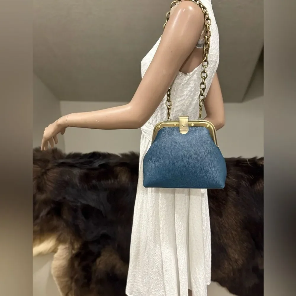 Blue Premium Pebble Leather Handmade Unique Rivet Metal Frame Handbag/Crossbody